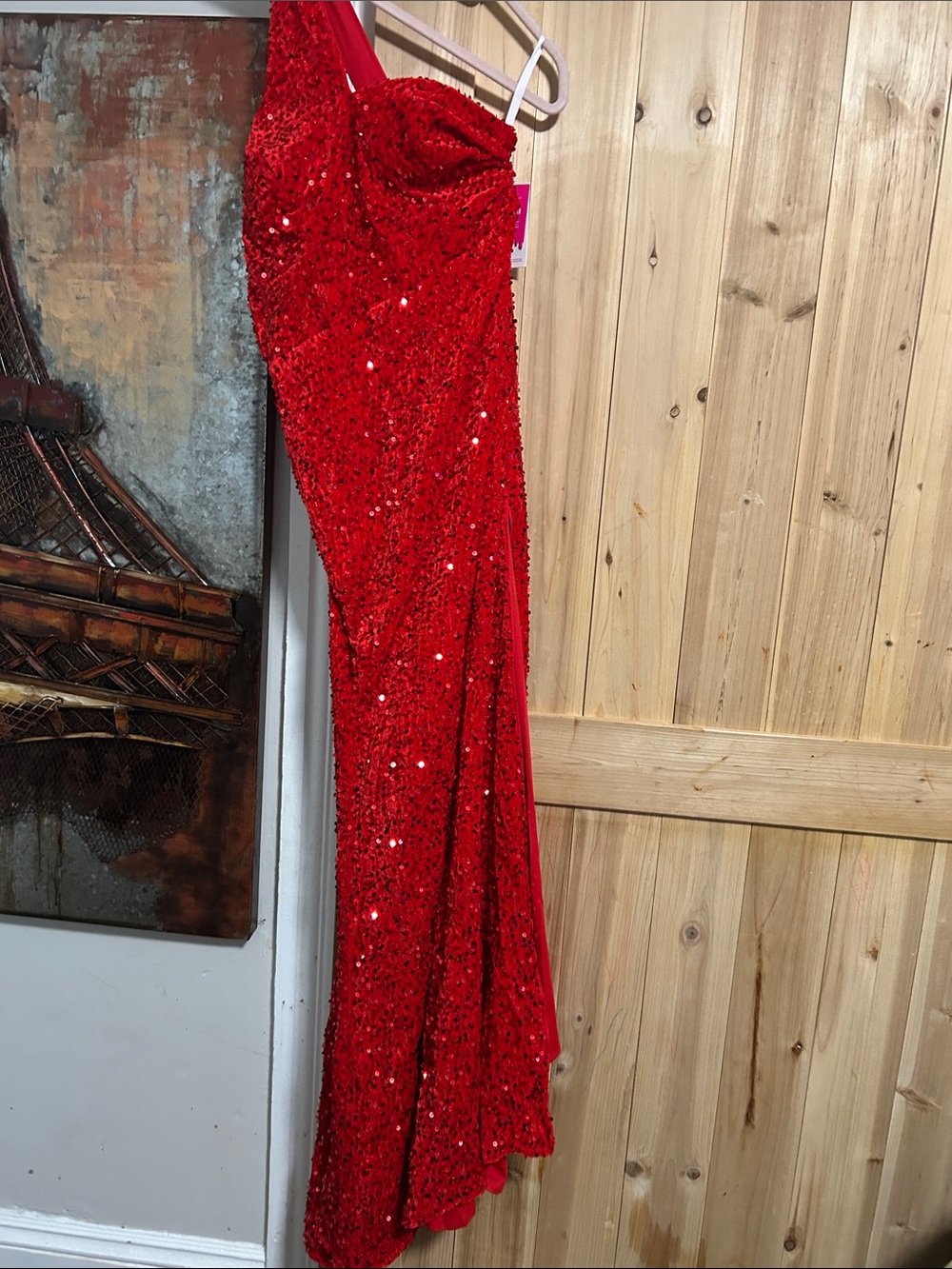 One-Shoulder Red Velvet Sequin Evening Gown